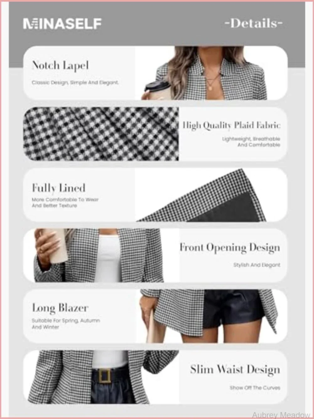 Long Plaid Blazer Jacket Open Front Notched Lapel Work Casual Office Suit